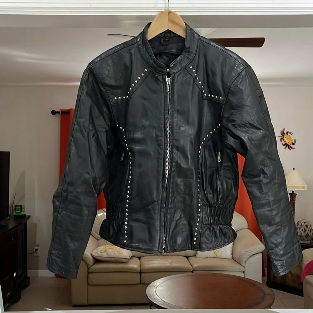 Vintage 80s Black Biker Rock-N-Roll Leather Studded Jacket Zip-Front - Picture 1 of 10